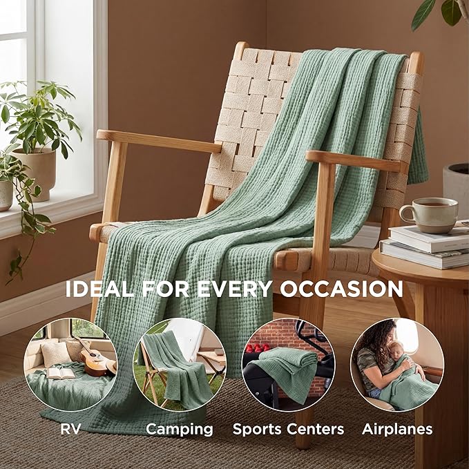 Bedsure 100% Cotton Muslin Throw Blanket Twin XL for Bed - 4-Layer Breathable and Lightweight Thin Soft Summer Gauze Muslin Blankets for Adults, Sage Green, 66x90 Inches