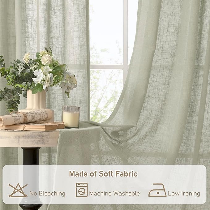 LAMIT Sage Grey Linen Boho Curtains 80 inch Length 2 Panels, Light Filtering Semi Sheer Panels Back Tab and Rod Pocket Neutral Drapes for Bedroom/Living Room, 52 x 80 Inch