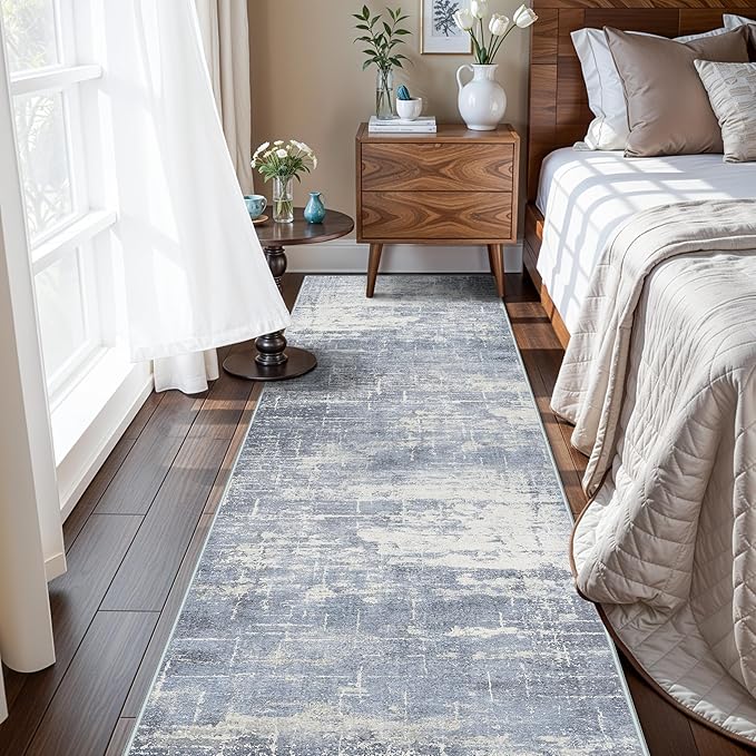 Hallway 2x10 Washable Runner Rug: Abstract Kitchen Stove Rugs Low-Pile Stain Resistant Entryway Area Rug Cozy Bedroom Soft Floor Mat Non-Slip Farmhouse Carpet for Bathroom Living Room(2x10,Blue/ivory)
