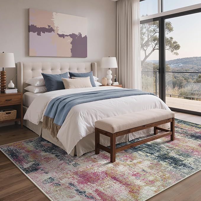 Area Rugs 8x10 for Living Room Bedroom, Modern Abstract Machine Washable Rug, Large Soft Low Pile Floor Carpet with Non Slip Backing for Dining Room, Navy/Pink