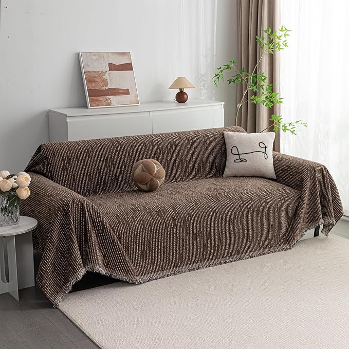 MYSKY HOME Couch Covers for 2 Cushion Couch Sectional Sofa, L Shape Sofa Protector Deep Chocolate Chenille Couch Cover, Sofa Covers Washable Blanket with Tassel Pet Couch Cushion Cover, 71"X102"