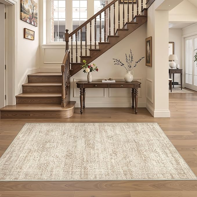 Area Rugs 4x6 for Living Room, Non-Slip Backing Small Kids Rugs for Bedroom, Vintage Abstract Rug Home Decor, Low Pile Soft Washable Rug for Kitchen, Dining Room (4'x6', Beige/Ivory)