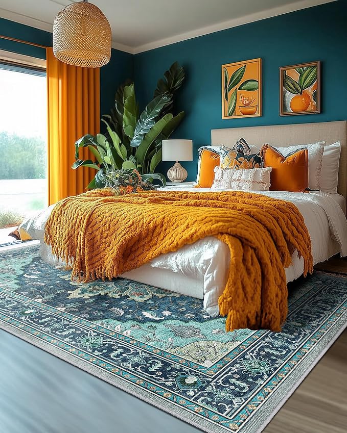 RELEANY Area Rugs 5'x8' Washable Non-Slip, Floral Vintage Distress Print Pattern Medallion Carpet for Living Room Bedroom Dining Room, Teal Green Lake Blue Turquoise