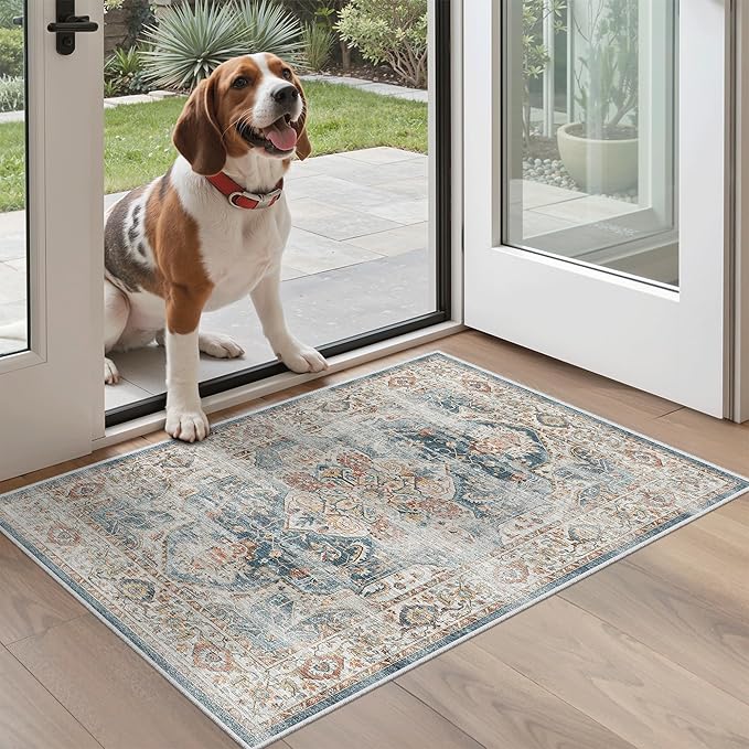 Madane Washable Area Rug 2x3, Small Entryway Rug Non-Slip Vintage Door Mat Indoor Entrance, Low Pile Floor Carpet for Inside Front Door Bedroom Kitchen Entry Laundry (2'x3', Navy)