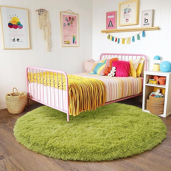 6‘x6’ Grass Green Round Rug for Bedroom, Ultra Soft Fluffy Circle Rug for Kids Girls Boys Room, Cute Shag Rugs for Living Room Playroom Tent Castle Home Decor Rug