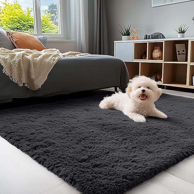 OLANLY 4x7 Area Rugs for Living Room Bedroom, Machine Washable Soft Fluffy Shaggy Bedside Rug, Indoor Floor Carpet for Kids Girls and Boys, Dorms, Nursery Rooms, Home Decor Aesthetic, Black