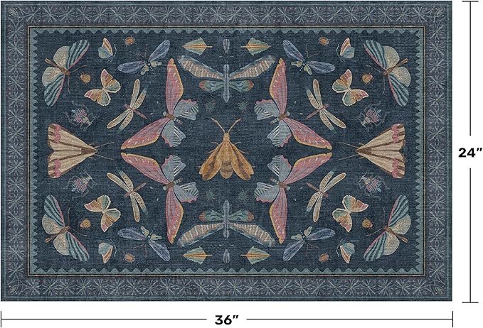 Dark Blue 2x3 Small Rugs for Bathroom Non Slip, Washable Vintage Boho Insect Rug for Kitchen Floor, Entryway Indoor, Powder Room, House Decor Aesthetic, Low Pile Non Slip Carpet