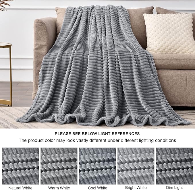 BEDELITE Fleece Throw Blanket for Couch – 3D Ribbed Jacquard Soft and Warm Decorative Fuzzy Blanket – Cozy, Fluffy, Plush Lightweight Gray Throw Blankets for Bed, Sofa, 84x90 inches
