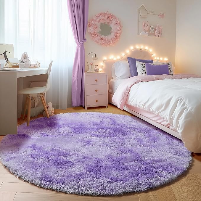 ONASAR Round Rugs 5ft for Bedroom Living Room, Tie-Dyed Purple Fluffy Circle Area Rug for Kids Girls Boys Teen, Soft Plush Shaggy Carpet for Nursery Dorm Classroom Playroom Home Decor Aesthetic