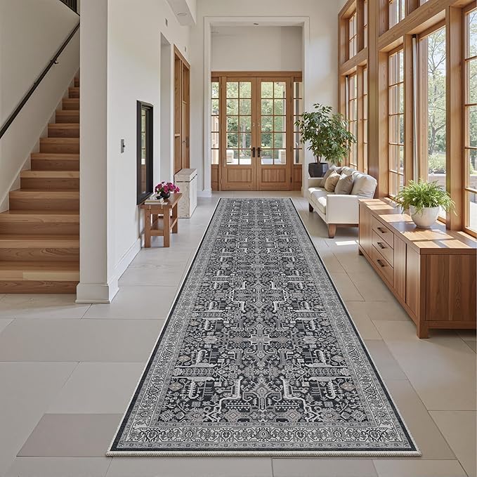 Hallway Washable Runner Rug 2x10 - Non Slip Vintage Kitchen Runner Rugs for Entryway Low-Pile Waterproof Long Runners for Living Room Bedroom Medallion Indoor Floor Mat for Bathroom Laundry Black