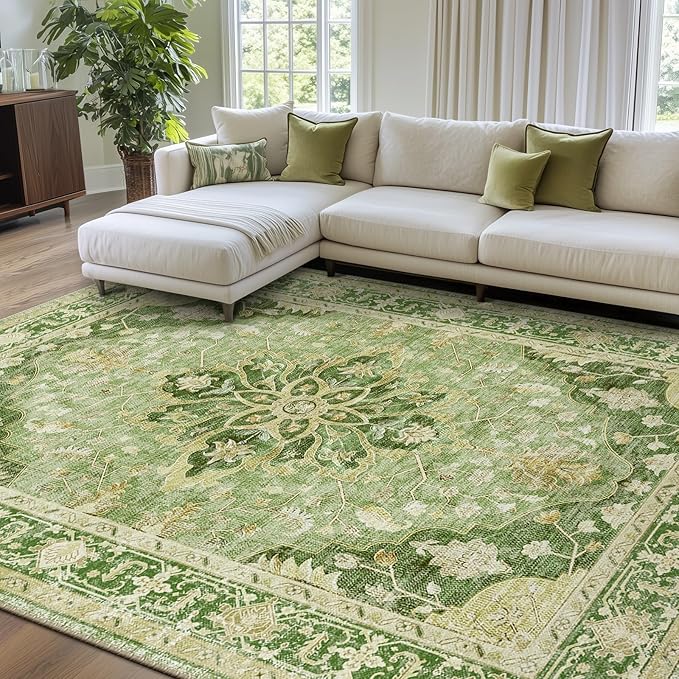 RELEANY Area Rugs 9'x12' Washable Non-Slip, Floral Vintage Distress Print Pattern Medallion Carpet for Living Room Bedroom Dining Room, Sage Green Yellow