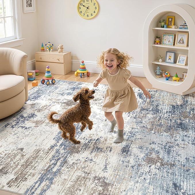 UERMEI 8x10 Area Rug Living Room Rugs Thickened - Washable Neutral Modern Abstract Soft Rug Indoor Floor No Slip Rug Carpet for Bedroom Under Dining Table Home Office Decor - Denim Blue