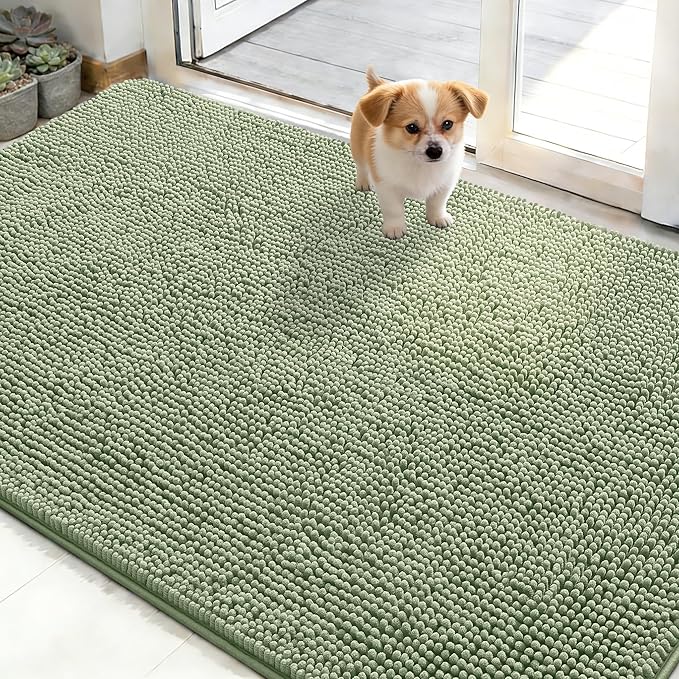 OLANLY Dog Door Mat for Muddy Paws 48x30, Absorbs Moisture and Dirt, Absorbent Non-Slip Washable Doormat, Quick Dry Chenille Mud Mat for Dogs, Entry Indoor Entryway Carpet for Inside Floor, Sage Green
