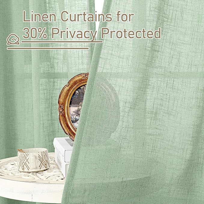 LAMIT Linen Curtains 30 Inch Length for Cafe, Semi Sheer Light Filtering Panels Back Tab and Rod Pocket Neutral Drapes for Basement/Window/Loft Room, Fresh Green, 2 Panels, 34 x 30 Inch