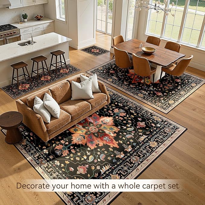 RELEANY Area Rugs 6'x9' Washable Non-Slip, Floral Vintage Distress Print Pattern Medallion Carpet for Living Room Bedroom Dining Room, Black Colorful Floral Dark Tan
