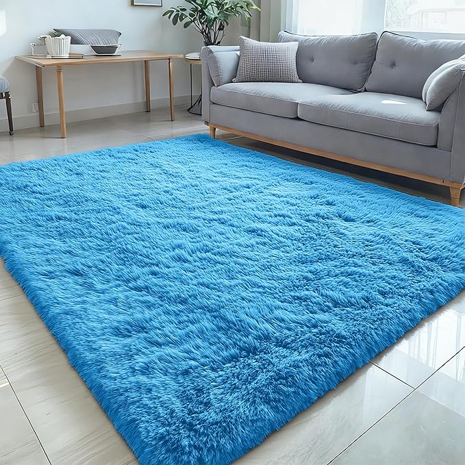 OLANLY 5x8 Machine Washable Large Area Rugs for Living Room, Bedroom, Soft Fluffy Shaggy Bedside Rug, Indoor Floor Carpet for Kids Girls and Boys, Dorms, Nursery, Home Decor Aesthetic, Bright Blue