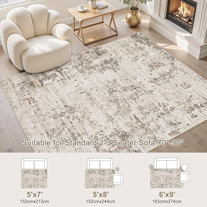 UERMEI 5x7 Area Rug Living Room Rugs - Washable Neutral Modern Abstract Soft Thin Large Rug Indoor Floor No Slip Rug Carpet for Bedroom Under Dining Table Home Office Decor - Dark Brown