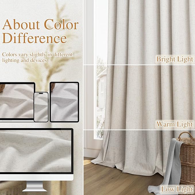 Guken Light Beige Linen 100% Blackout Curtains 96 Inches Long Floor to Ceiling Drapes for Bedroom, Rustic Farmhouse Room Darkening Winter Thermal Insulated Black Out Sliding Door Curtain, 52x96