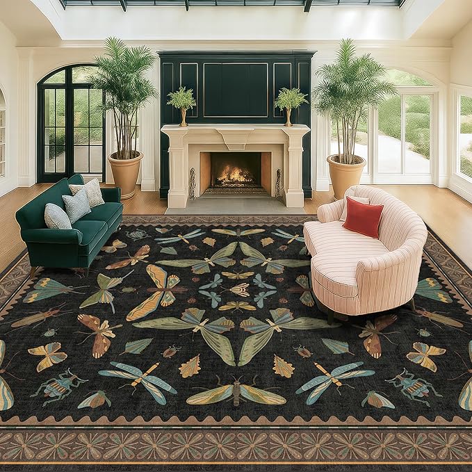 Hazo Haus Black Washable Insect Area Rugs 8x10 for Living Room, Bedroom, Dining Room Under Table, Playroom, Large Dark Whimsical Boho Indoor Rug, Ultra Soft Low Pile Non Slip