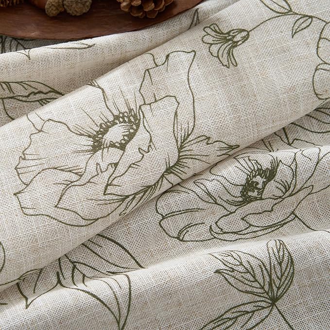 jinchan Floral Linen Curtains for Living Room 84 Inch Length Green Flower Curtain Rod Pocket Back Tab Farmhouse Curtains with Printed Floral Bedroom Window Curtain Set, 2 Panels Green