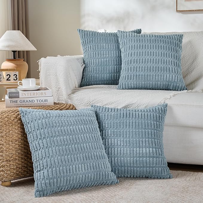 Fancy Homi 4 Packs Boho Light Blue Decorative Throw Pillow Covers 18x18 Inch for Couch Bed Sofa, Rustic Modern Farmhouse Home Decor, Soft Plush Corduroy Cute Square Cushion Case 45x45 cm