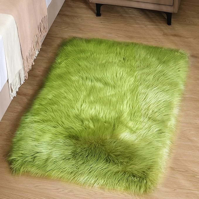 Goolela Lime Green Fluffy Fuzzy Fur Rug for Bedroom 2x3 Faux Sheepskin Area Rug Furry Shaggy Dorm Bedside Soft Washable Rectangle