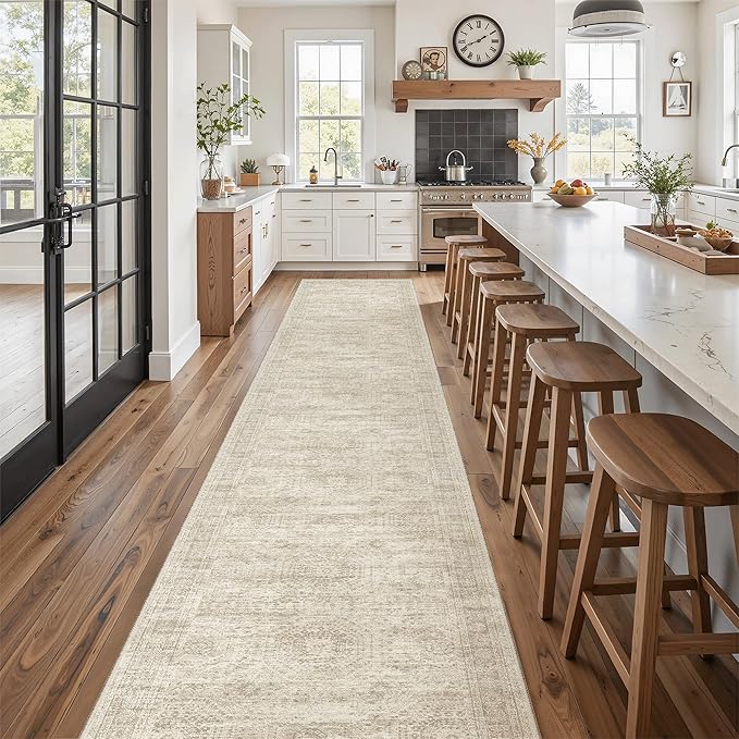 Soalmost Runner Rug 2'6" x 14' Washable Non-Slip Runner Rugs for Kitchen Bathroom Laundry Room Vintage Ultra Thin Runners for Hallway Entryway Beige