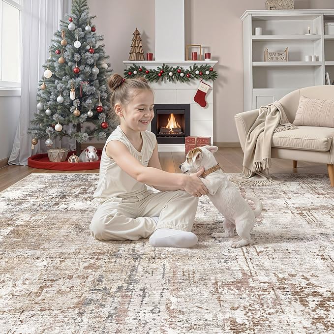 UERMEI Square Area Rugs : Washable 8x8 Neutral Modern Abstract Carpet for Living Room Bedroom - Soft Floor Mat with Non Slip Backing for Kitchen Nursery Dorms Farmhouse Home Decor - Brown/Grey/Red