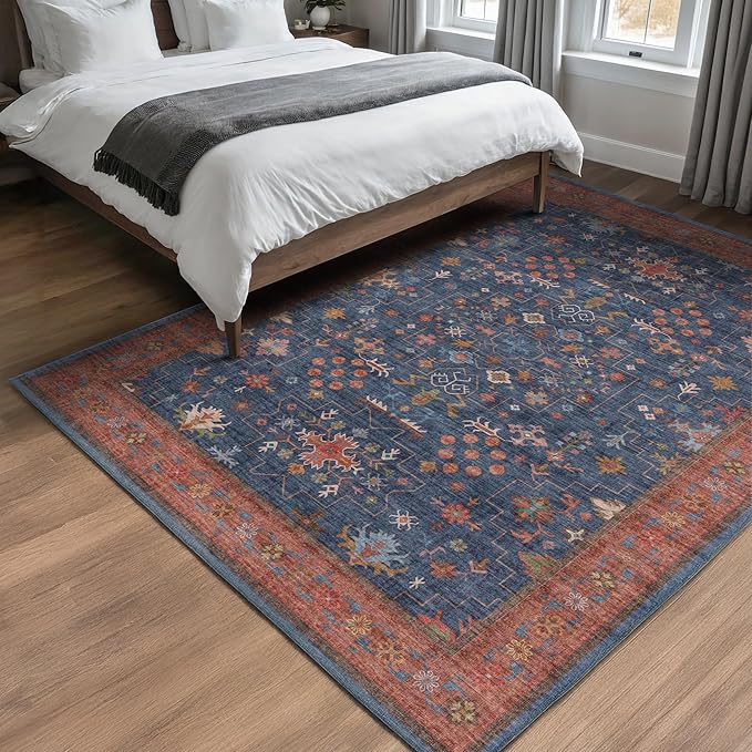 Hazo Haus Dark Blue & Terracotta 5x8 Living Room Rug - Machine Washable Area Rugs for Bedroom, Dining Room, Kitchen Floor, Small Office, Low Pile Non-Slip Rubber Backing & Stain Resistance