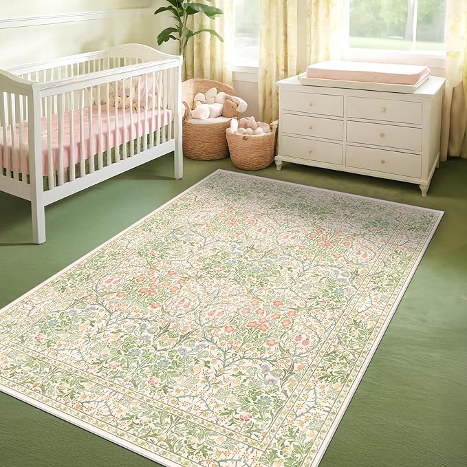 Beige Green 4x6 Washable Area Rug for Living Room, Large Entryway, Nursery, Bedroom, Kitchen, Ultra Soft Non Slip Stain Resistance, Floral Distressed Aethestic Design