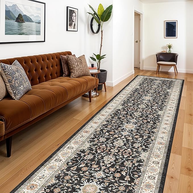 3x12 Long Hallway Runner Rug: Washable Non-Slip Rugs for Hallway Stain Resistant Durable Kitchen Mat Low Pile Lightweight Indoor Soft Carpet for Bedroom Living Room Bedside (Black, 3x12)