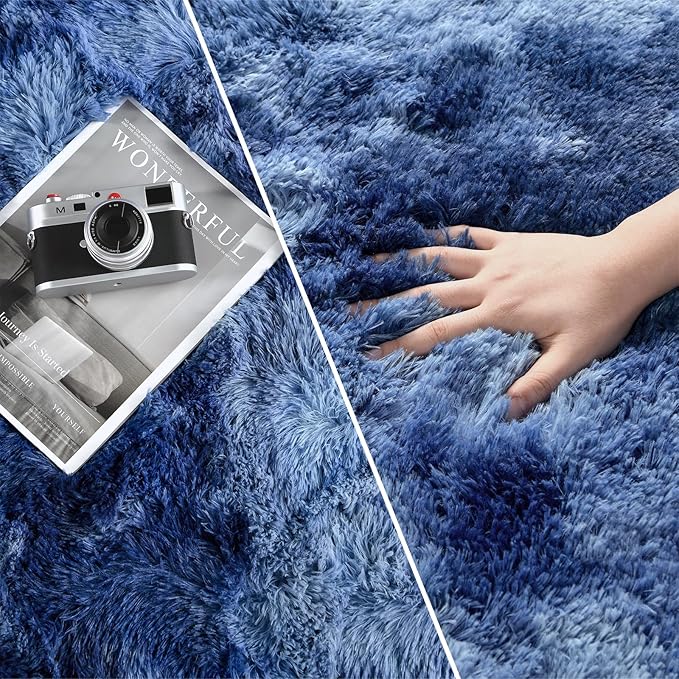 Deerhoo Large Shag Area Rugs 6 x 9, Plush Fuzzy Rugs for Living Room, Ultra Soft Fluffy Furry Rug for Bedroom, Indoor Carpet Nursery Rugs for Kids Room Home Decor, Tie-Dyed Navy Blue