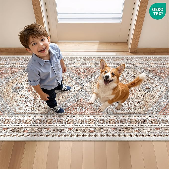 4x8 Rug for Bedroom,Wide Runner Rug for Hallway, Non Slip Washable Runner Rug for Living Room, Low Pile Soft Entryway Kitchen Rug, Vintage Home Decor Mat for Dining Room(Orange,4'x8')