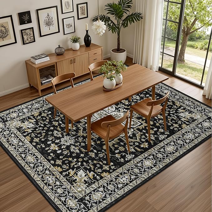 Area Rugs 10x12 Living Room Rug: Washable Rug Soft Vintage Boho Medallion Carpet Indoor Non-Slip Stain Resistant Large Carpets for Bedroom Dining Room Farmhouse Nursery Home Office Black Gold