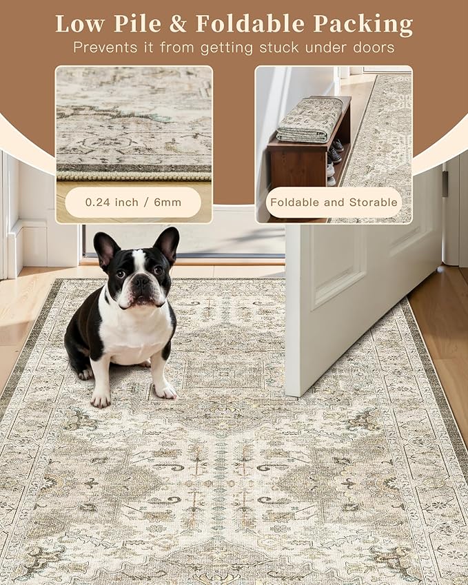Madane Hallway Runner 3x8, Kitchen Rugs Washable Entryway Rug Vintage Kitchen Runners Non Slip Indoor Area Rug Farmhouse Carpet Runner for Bathroom Living Room Bedroom (3 X 8, Ivory/Brown)