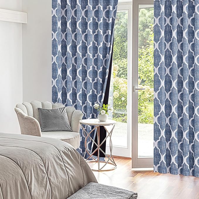 Beauoop 100% Blackout Curtains 63 Inches Long 2 Panels for Bedroom Living Room Blue Moroccan Geo Room Darkening Thermal Insulated Soundproof Rod Pocket Back Tab Window Treatments Drapes, 50x63