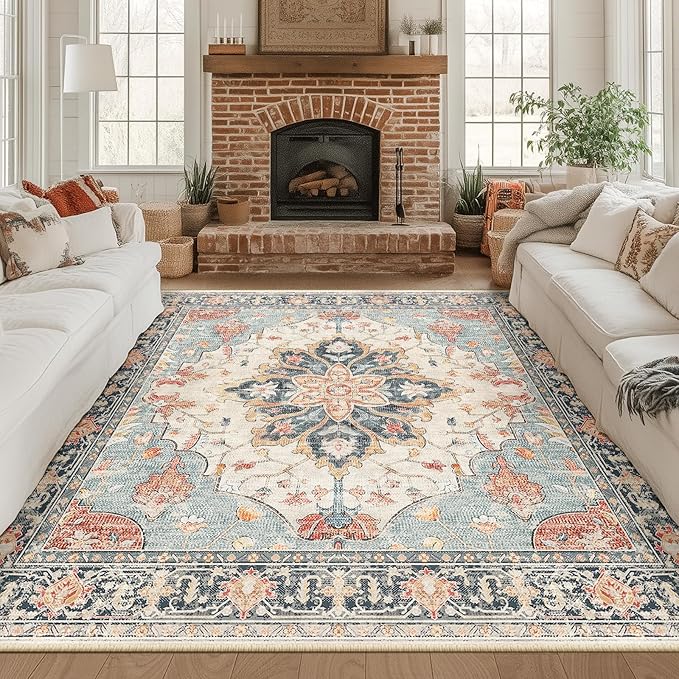 RELEANY Area Rugs Square 8ft Washable Non-Slip, Floral Vintage Distress Print Pattern Medallion Carpet for Living Room Bedroom Dining Room, Beige Navy Blue Orange Colorful
