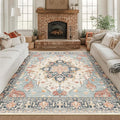 RELEANY Area Rugs Square 8ft Washable Non-Slip, Floral Vintage Distress Print Pattern Medallion Carpet for Living Room Bedroom Dining Room, Beige Navy Blue Orange Colorful