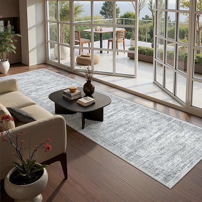 Long Bathroom Rugs Runner - Washable Runner Rugs for Hallway 2x10, Ultra-Thin Soft Kitchen Carpet Runner, Anti Slip Backing Runner Rugs for Entrance, Bedroom, Living Room(2'x10', Grey/Ivory)