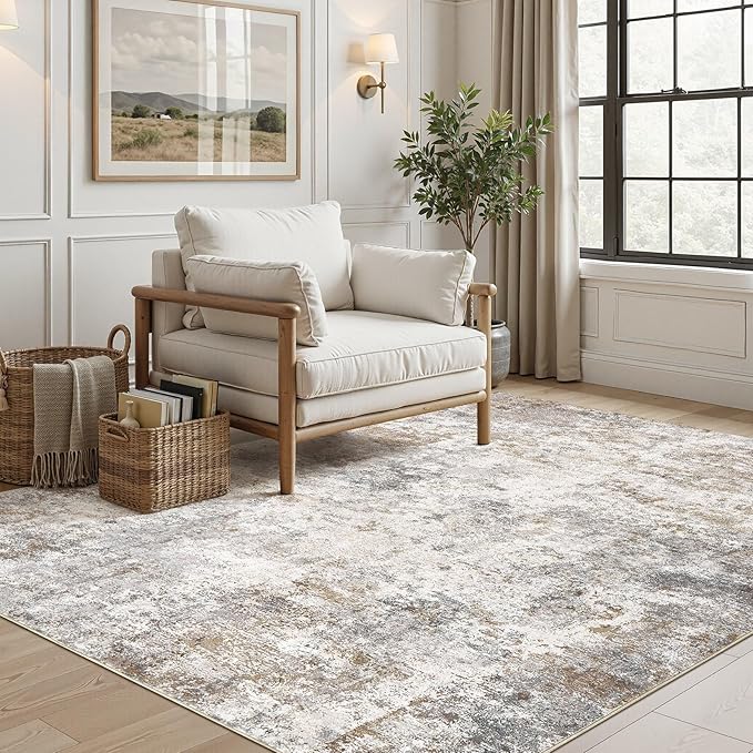 5x7 Area Rug Living Room Rugs - Washable Neutral Modern Abstract Soft Thin Large Rug Indoor Floor No Slip Rug Carpet for Bedroom Under Dining Table Home Office Decor - Brown Grey