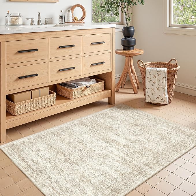 3x4 Washable Area Rug for Entryway, Soft Kitchen Rugs Non Slip for Dining Room, Vintage Abstract Living Room Rug, Thin Area Rugs Indoor for Bedroom, Kids Room Decor(3'x4', Beige/Ivory)