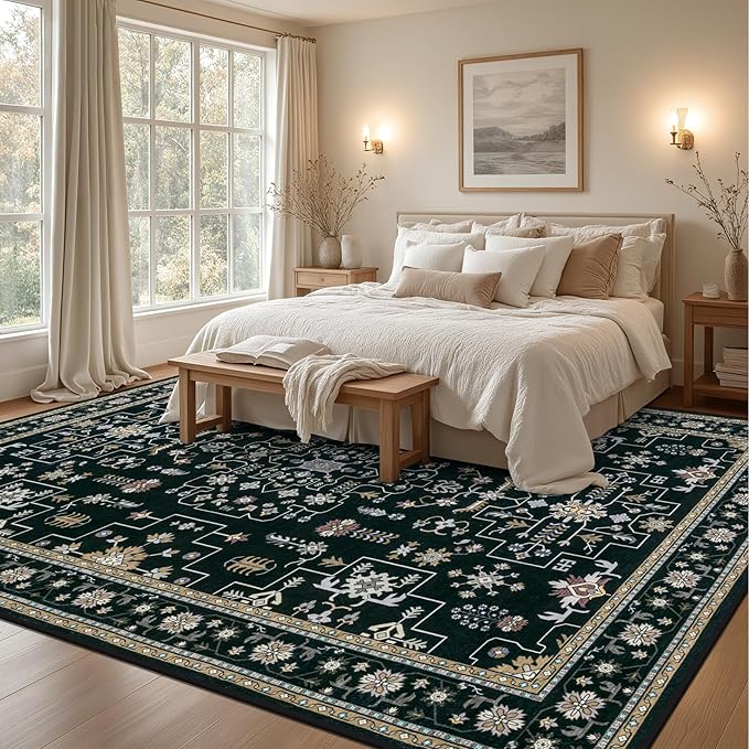 Area Rugs 10x12 Living Room Rug: Washable Rug Soft Vintage Boho Medallion Carpet Indoor Floor Non-Slip Stain Resistant Large Carpets for Bedroom Dining Room Farmhouse Nursery Home Office Black