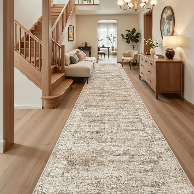 Hallway Runner Rug 3x18 - Kitchen Rugs 18ft Washable Entryway Rug Vintage Kitchen Runners Non Slip Farmhouse Indoor Carpet Runner for Living Room Bedroom, Brown
