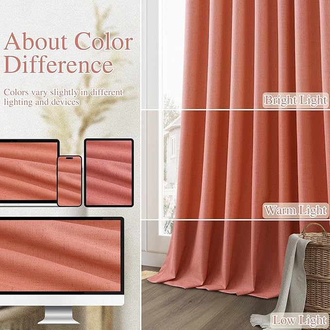 Guken Coral 100% Blackout Linen Curtains 108 Inch Length 2 Panels Set for Living Room Bedroom Back Tab Rod Pocket Thermal Insulated Farmhouse Black Out Drapes Room Darkening,52x108