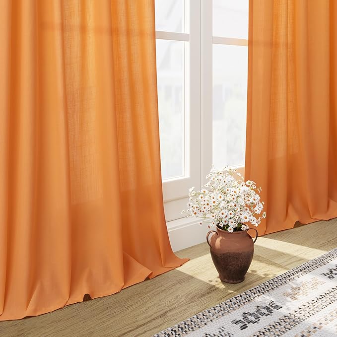 Nanspring Orange Linen Curtains for Bedroom Back Tab Light Filtering Privacy Sheer Curtains Modern Farmhouse Decor Linen Blend Textured Gauze Curtain for Living Room 2 Panels Set 52x72