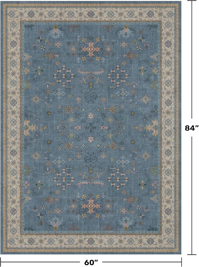 Washable 5x7 Blue Rugs for Kids Room, Boho 5 x 7 Nursery Rug Boys, Colorful Eclectic Low-Pile Carpet for Bedroom, Dining Table, Non-Slip with Rubber Back