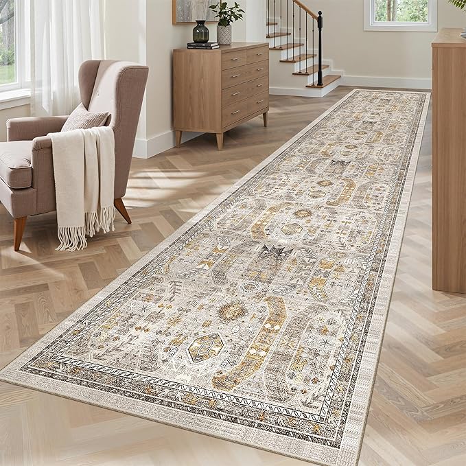 Madane Hallway Runner Rug 2'6''x12' Kitchen Runner, Non Slip Vintage Runners for Hallways Washable Kitchen Rugs Soft Low Pile 2.5x12 ft Rug Runner for Laundry Room, Entryway and Bedroom, Brown/Gold