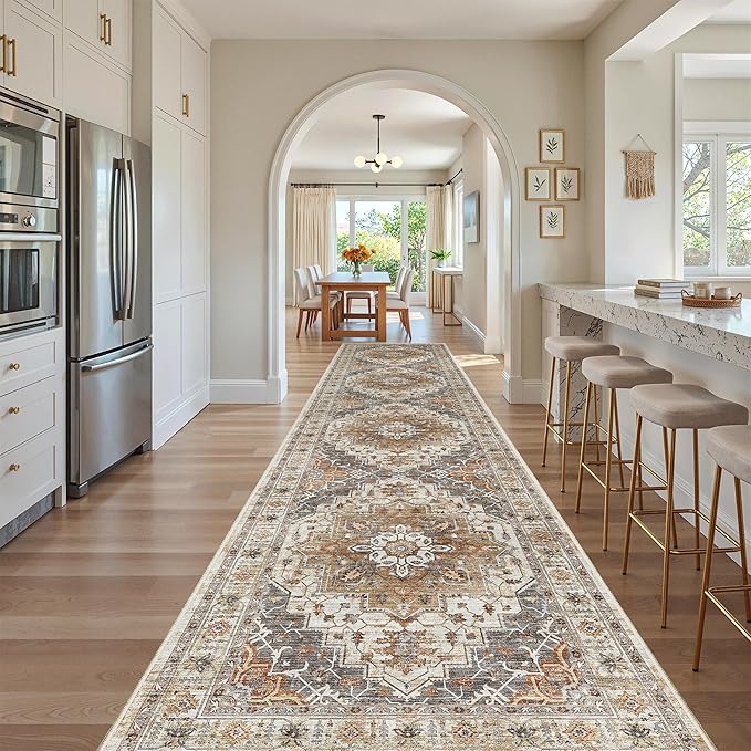 Madane Hallway Runner Rug 3x16 - Vintage Non Slip Washable 16ft Kitchen Runner for Entrance Soft Long Carpet Runners for Living Room Bathroom Low Pile Floor Mat for Bedroom Dining Room, Turmeric/Grey
