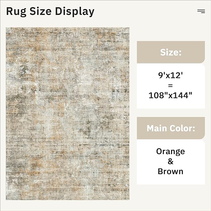 9x12 Area Rugs for Living Room, Non-Slip Machine Washable Vintage Rugs, Abstract Low Pile Lightweight Large Rug for Bedroom, Dining Room, Home Office Orange