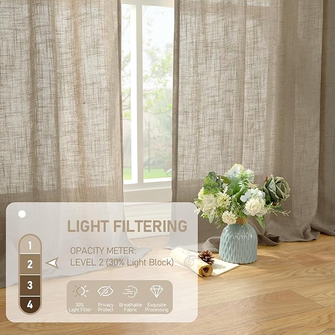 LAMIT Linen Curtains 68 Inch Length 2 Panels, Light Filtering Panels Back Tab and Rod Pocket Neutral Drapes for Bedroom/Window/Living Room, Taupe, 52 x 68 Inch